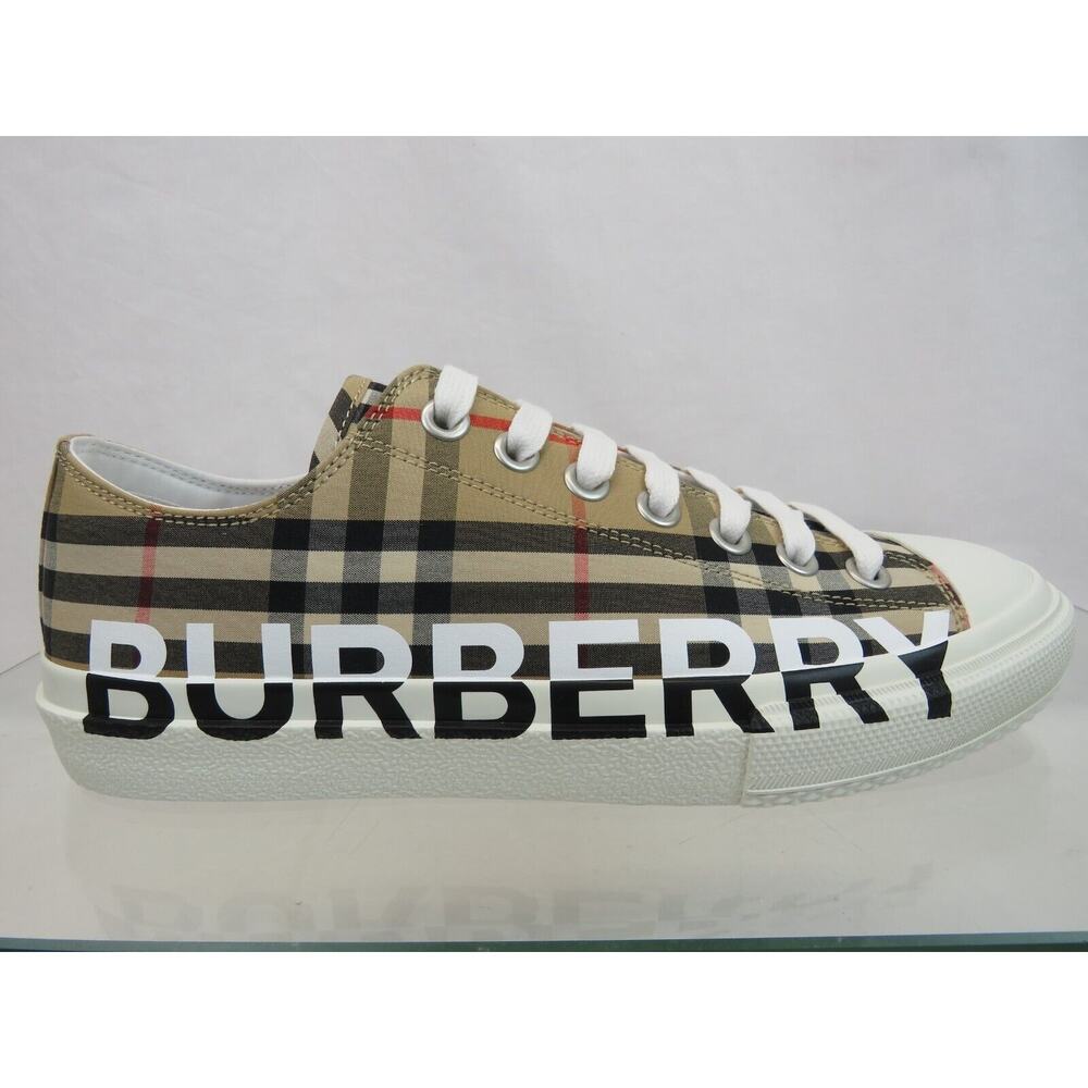 NIB BURBERRY LARKHALL BEIGE CHECK CANVAS LOGO WHITE CAP TOE UNISEX SNEAKERS 42 - Picture 6 of 13